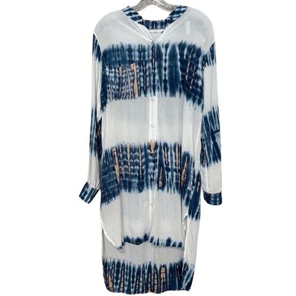 Le Salty Label Womens Tie Dye Shirt Hi Low Size Small Blue White Button‎ up